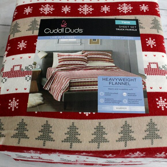 Cuddl Duds Heavyweight Flannel Sheet Set Twin Size Holiday Christmas Trucks - Picture 3 of 5